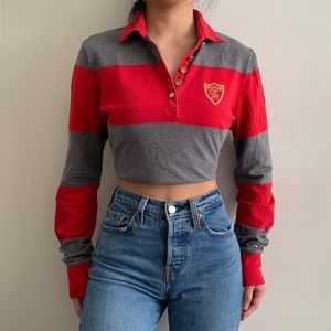 red and grey striped shirt